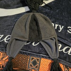 Disney Gray and Black Knit Earflap Pom Pom Hat